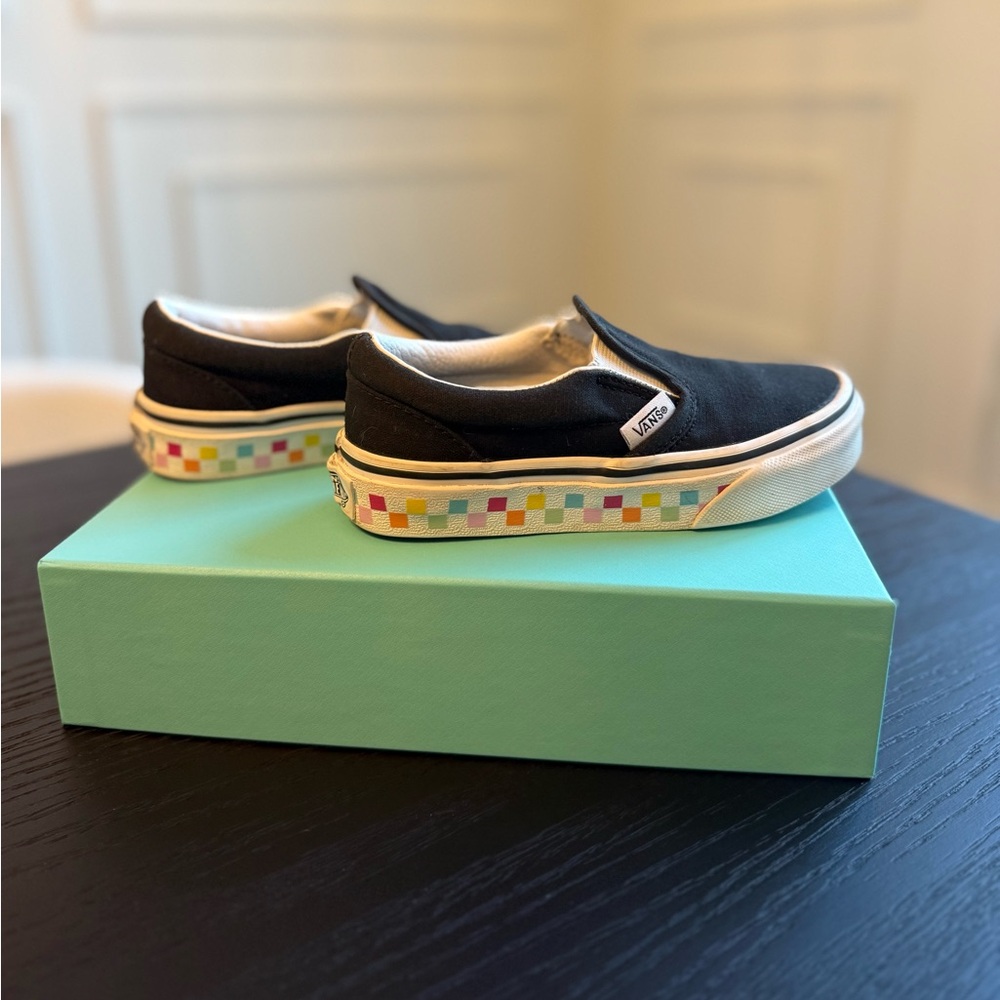 Vans Kids Black Slip-On Shoes with Rainbow Bottom!